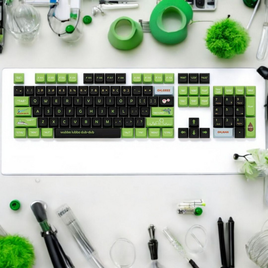 Keyboard with green and black keys, surrounded by green objects, focus on "rakwer".
