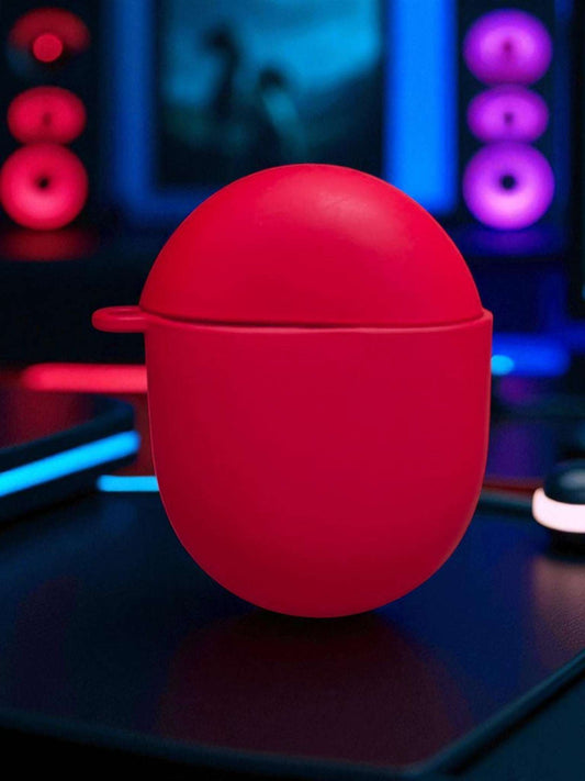 Red Google Pixel Buds 2 Case with smooth, matte finish in a dark, colorful background setting.