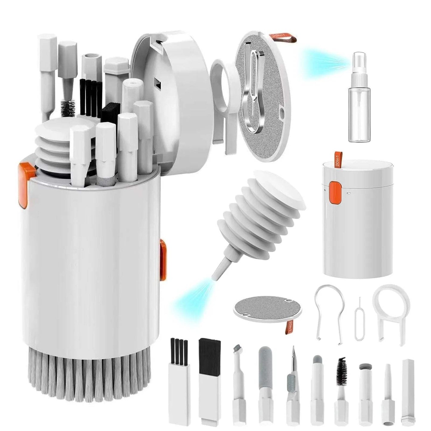 Laptop keyboard cleaner kit with various brushes and tools for dust removal and screen cleaning.