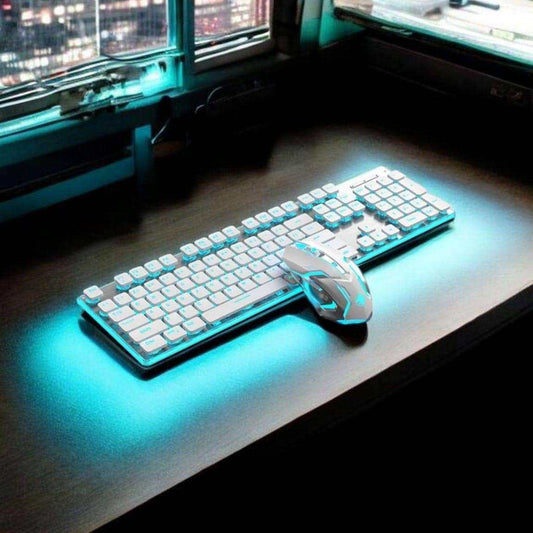 RGB Wireless Gaming Keyboard and Mouse Combo with backlighting and wireless connection on a desk setup.
