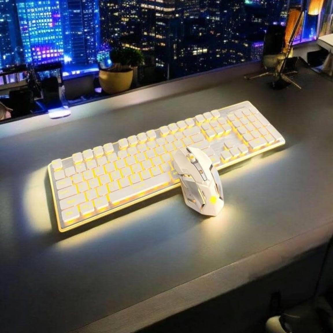 RGB wireless gaming keyboard and mouse combo with illuminated keys and ergonomic design on a sleek desk.