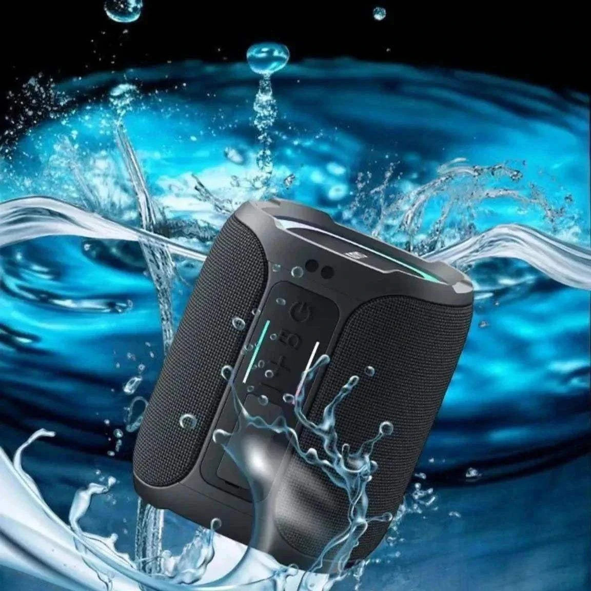 Waterproof Bluetooth speaker with RGB lights and dual 40W speakers splashing in water.