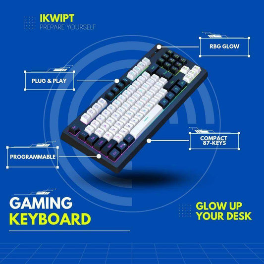 RGB 87-Key Wired Gaming Keyboard with vibrant RGB cycles, ergonomic keycaps, and compact design.