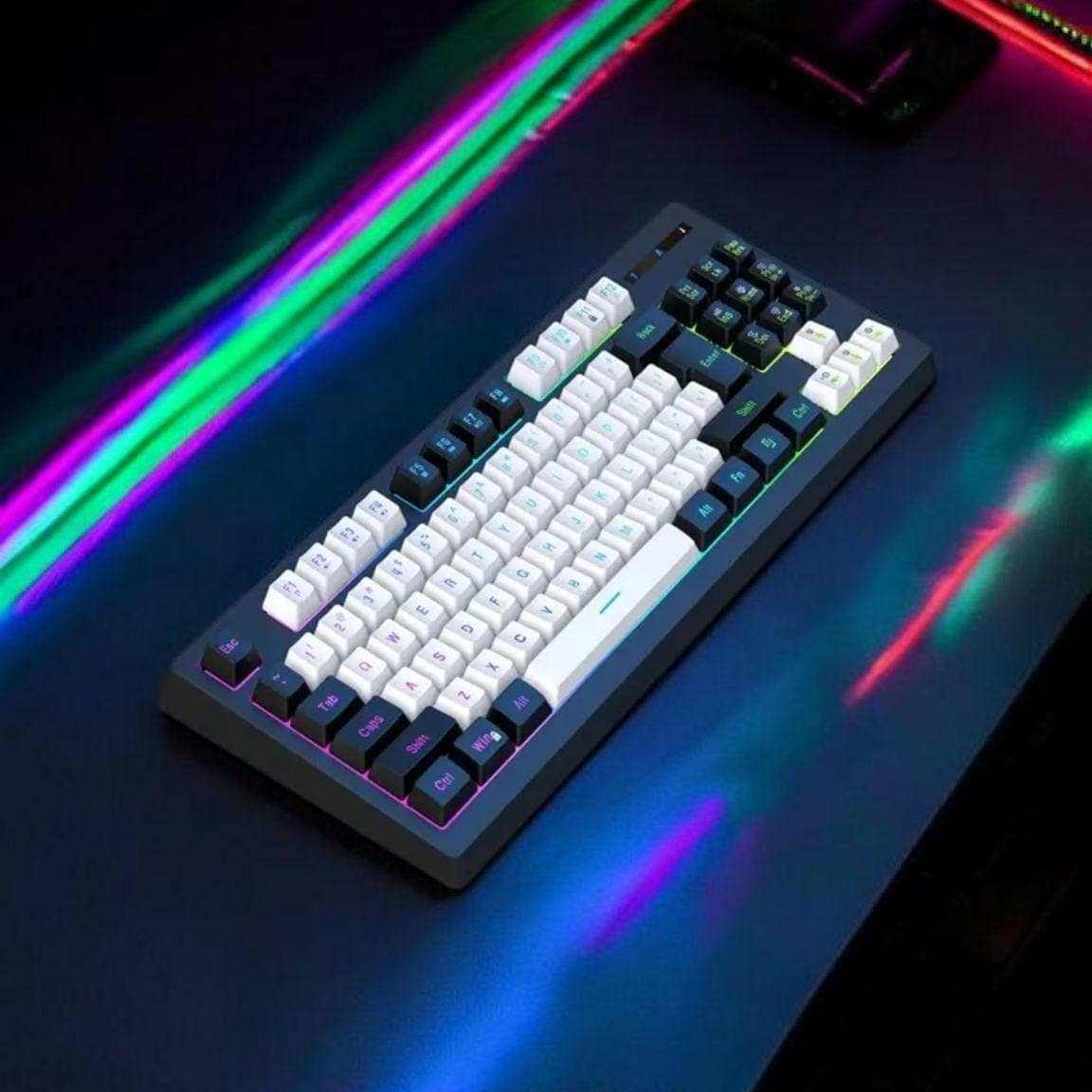RGB 87-Key Wired Gaming Keyboard with vibrant LED lights showcasing compact design on a gaming desk.