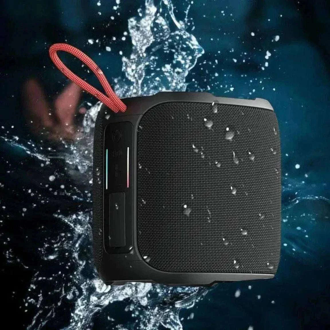 Waterproof Bluetooth speaker with RGB lights, featuring a compact design, IPX7 waterproof rating, and vibrant sound quality with 60W output.