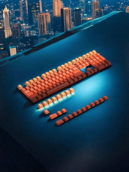 Gradient Keycaps in vibrant orange hues for mechanical keyboards, featuring a Cherry profile and RGB compatibility.