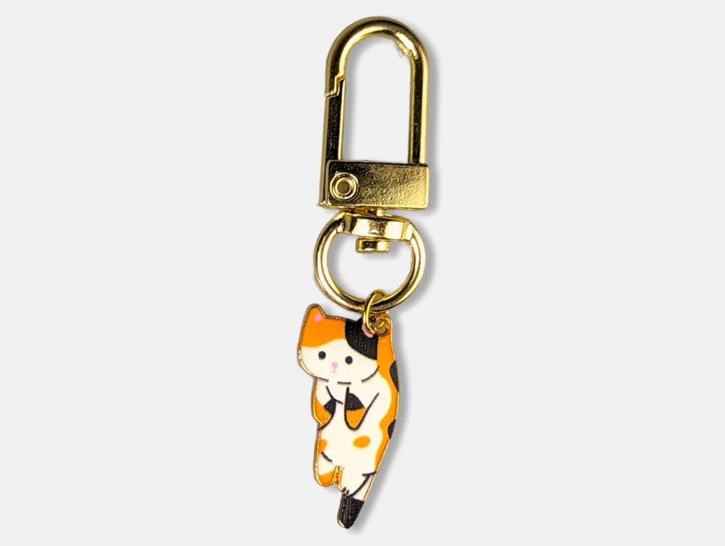 Hang in there orange, white and black cat keychain with durable lobster clasp, gold plated alloy, and stainless steel.